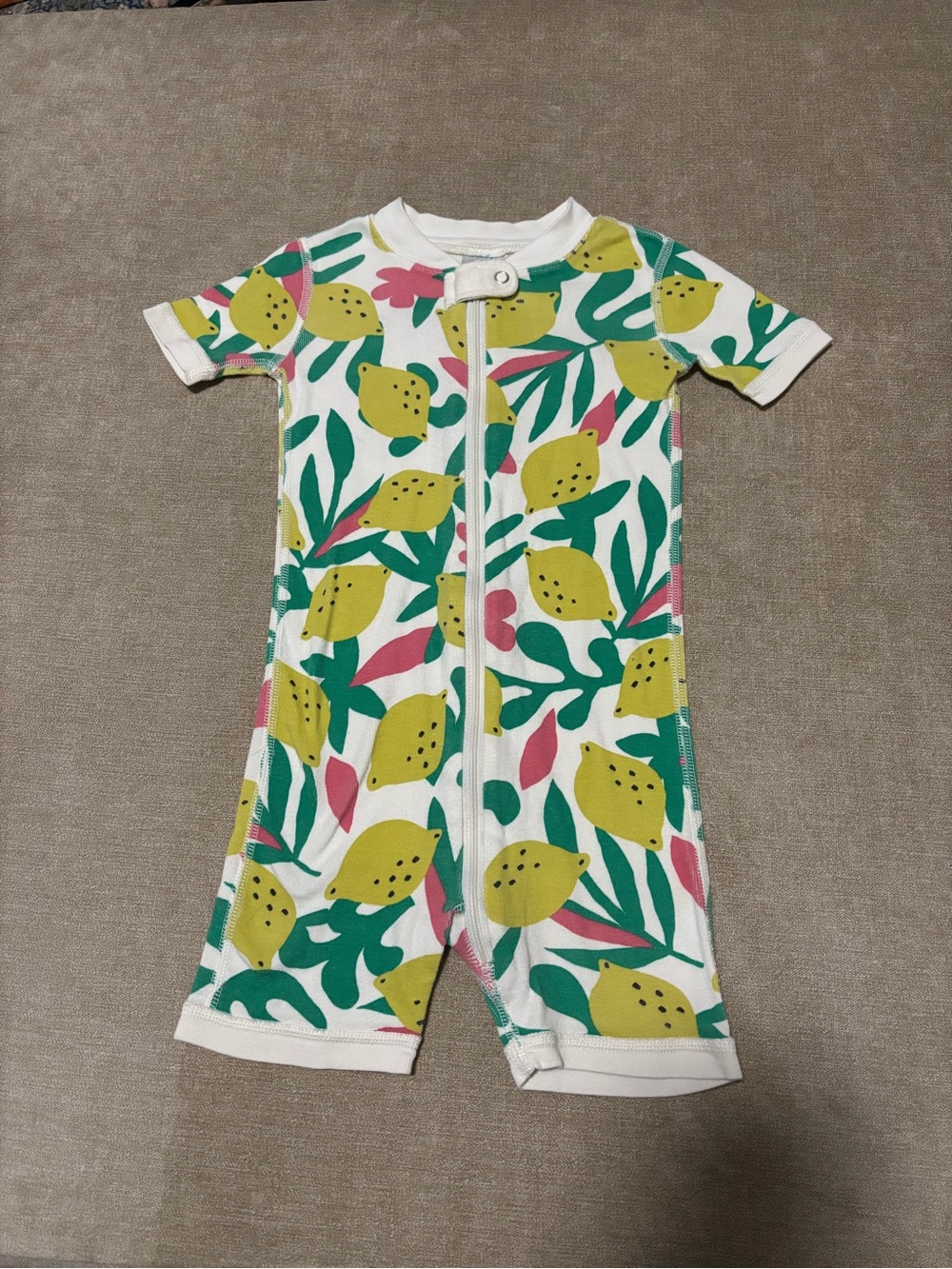Hanna Andersson Lemon Shortie Zip Romper with Yellow Lemon & Green Leaf Print